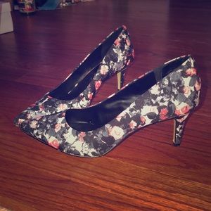 Black and red flora heels